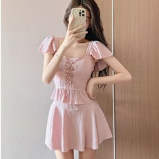 小仙女荷葉邊分體泳衣 純欲風收腰顯瘦遮肚兩件套 溫泉泳裝, 5040綠色,此款爲均碼