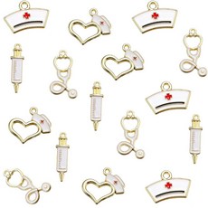 Mimalexin 의료 테마 주얼리 만들기 참 세트 48피스 금 도금 에나멜 간호사 펜던트 청진기 주사기 DIY 목걸이 팔찌 공예용 캡 디자인, Mimalexin 의료 테마 주얼리 만들기 참 세트,