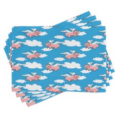 Lunarable 과일 플레이스 매트 4개 세트 만화 스타일 다양한 사과 신선하고 잘 익은 계절 음식 깨끗한 식사 비건 식탁용 세탁 가능한 패브릭 매트 표준 사이즈 그린, Pink Blue