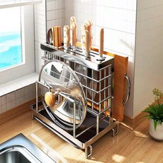 不銹鋼刀具架 廚房收納架 砧板架 菜刀架 瀝水架, 1個, 台面款銀色-刀筷一體架