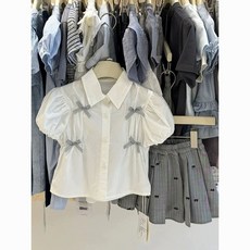 女童短袖泡泡袖襯衫蝴蝶結條紋半身裙套裝