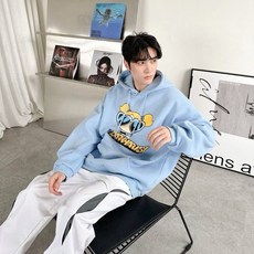 【JES】韓國厚磅內刷毛保暖飛天小女警卡通印花情侶長袖連帽T恤