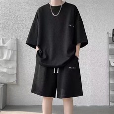 熱賣高級套裝男士夏季i時尚休閒重磅提花寬鬆潮牌運動短袖短褲兩件套振風優選