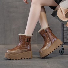 POMTOR 겨울 여성 리얼가죽 방한 앵클부츠 통굽 두꺼운 기모 보온화 데일리 부츠시즌오프세일