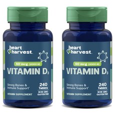 Heart & Harvest 50mcg 2000IU 비타민 D3 타블렛, 2개, 240정