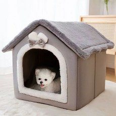 狗窩房子型四季通用小型犬泰迪冬季可拆洗貓窩狗屋寵物牀狗窩四季, 灰色蝴蝶結+配套窩墊, 1個