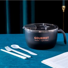 GOURMET 泡麵碗 瀝水附餐具 304不銹鋼隔熱碗, 1個, 黑, 黑