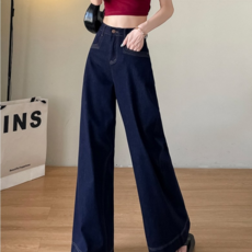 레이디 매직(lady magic) 여성 진청 하이웨스트 일자 와이드 데님 팬츠 나팔 청바지