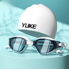 YLIKE 矽膠泳帽泳鏡套裝 高清防霧抗UV, 1個, 湖藍白（泳帽+泳鏡）套裝,平光泳鏡