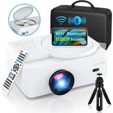 Dxyiitoo DVD 플레이어에 내장된 풀 HD WiFi 블루투스 프로젝터 12000LM 1080P 지원 야외 영화용 휴대용 미니 250인치 홈 시어터 iOS/안드로이드/TV, 화이트