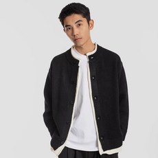 黑色針織開衫毛衣外套，男款圓領撞色包邊單排扣寬鬆休閒外搭