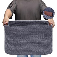 가죽 손잡이가 달린 대형 코튼 로프 수납 바구니 세탁 20인치가로 x 14인치세로 12인치높이 담요 & 장난감 홈 데코 바구니. 다크 그레이HIFEASTS, HIFEASTS Dark Grey, L(20 "L x 14" W x 12 "H), Dark Grey