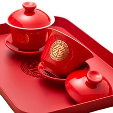 婚慶敬茶杯對杯組 喜碗 適用於新婚結婚禮品, 大紅敬茶杯 貼花圓喜 2個, 1個