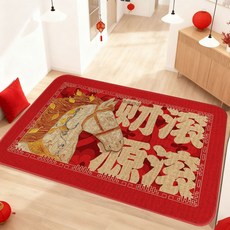 紅色馬年新年喜慶入戶地墊家用玄關進門腳墊仿亞麻橡膠防滑門墊mnxq24-2.5細麻38*58cm, 1個, mnxq24-2.5細麻