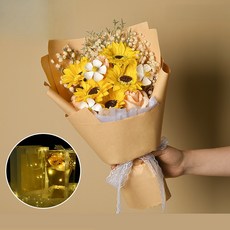 Zebeer 이벤트용 프리저브드플라워 시들지않는 장미 해바라기 안개꽃다발, 해바라기*옐로우