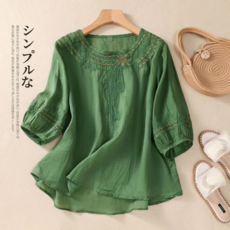 文藝復古棉麻刺繡襯衫 夏季半袖女上衣