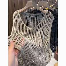 無品牌 V領套頭鏤空漁網針織衫背心上衣女