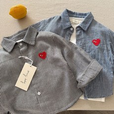 嘟嘟家兒童襯衫 新款兒童襯衫春秋童裝男童愛心潮牌長袖襯衣條紋翻領上衣 兒童上衣