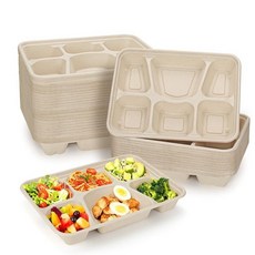 25팩 6칸 일회용 종이 접시 퇴비화 가능한 바개스 학교 점심 트레이 생분해성 사탕수수 식품 섹션 뷔페 파티를 위한 튼튼한 분할 플래터 전자레인지 사용 가능, 6 Compartment, 25