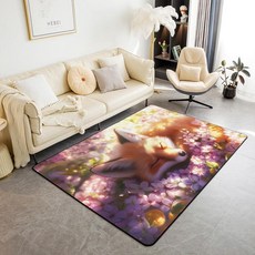 Jejeloiu Fox 거실 러그 침실 공간 러그 7.6 x 12.7cm(3 x 5인치) 벚꽃 꽃 장식 카펫 어린이 소년 소녀 농가 자연 숲 동물 패턴 실내 바닥 매트 방 장식, 3'3" x 4'11" (Rectangular), 퍼플 오렌지