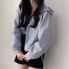 스트라이프 루즈핏 후드 셔츠 아우터 남방 자켓 캐주얼 여름 크롭 긴팔 빅사이즈 코트 오버핏