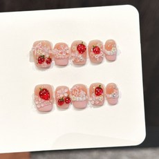 粉透草莓穿戴甲珍珠甜美少女風手工美甲貼, 3420  超短梯, 大號L