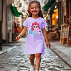 캐주얼 점프수트는 부드럽고 편안하며 통기성이 아동복입니다 인어와 고래 프린트 드레스