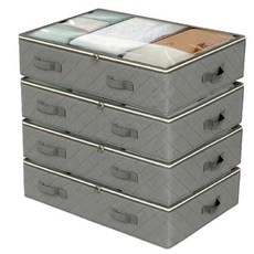 SJDLGN 침대 아래 4팩 옷장 정리함 및 보관 용기 투명 창 접이식 침대 밑 보관 가방 의류 신발 담요 베개 리넨 시트용 그레이 60L, SJDLGN 침대 아래 4팩, 옷장 정리함 및 보관 용