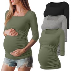 [ 757775 ] Ficerd 3팩 임산부 상의 7부 소매 베이직 스퀘어 넥 티셔츠 주름 장식 블라우스 블랙 라이트 그레이 아미 그린 M