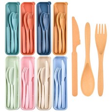 재사용 가능한 커틀러리 케이스 포함 성인용 휴대용 다크 식기 세트 주방용 캠핑 용품 식기세척기 사용 가능 (다크 그린), 8개