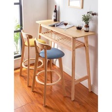 實木吧檯桌椅組合家用北歐創意簡約高級靠牆桌奶茶店靠牆, 默認項:木色一桌兩椅A組合（坐墊黃藍）