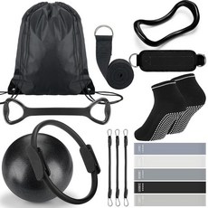 RoundFunny 여성용 홈 필라테스 키트 18개 요가 필수품 필라테스 볼 저항 밴드 8개 발 슬리브 스트레치 코드 라텍스 튜브 미끄럼 방지 양말 탄성 밴드 저항, 블랙