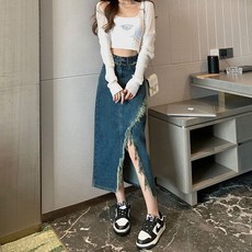 couchsurfing 여성 하이웨이스트 트임 A라인 데님 스커트