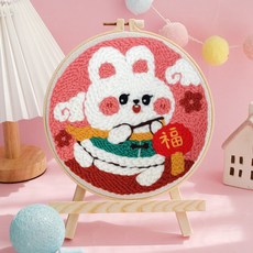【超繪玩】戳戳繡毛綫繡針材料包 兒童學生課活動裝飾畫, 福氣兔兔—送戳筆+支架 （材料包）⚑⚑, 1個