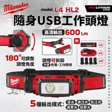 美沃奇 L4 HL2 600流明 USB隨身工作頭燈，充電式快拆安全帽頭燈, 1個, 未稅
