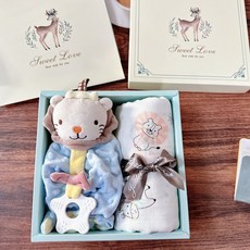 精美彌月禮盒套裝：紗布巾、大象玩偶、固齒器、安撫巾，新生兒寶寶生日禮物首選, 竹纖紗彌月禮盒【獅子+獅子安撫娃娃】安撫娃娃, 1個