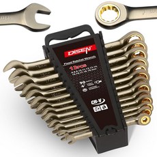 DISEN 26 피스 래칭 렌치 세트 90 콤비네이션 메트릭 6MM-19MM 및 SAE 1/4 인치-13/16 인치 Cr-V 스틸 고정 정리함이 있는 니켈 도금