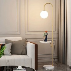 橙光燈飾 落地燈 圓球財位燈 北歐風格客廳臥室燈, 白金款 大理石紋桌面與底座,LED E27玉米12W 3000K黃光