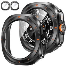 Tensea [삼성 갤럭시 워치 울트라 2025/갤럭시 7 2024용 2팩 47mm 액정보호필름 케이스 액세서리 47mm용 보호 페이스 커버 하드 범퍼 내장 강화 유리 필, Galaxy Watch Ultra-47mm, 티타늄 블랙-오렌지 스케일
