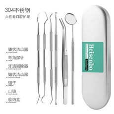 剔牙神器 彎勾牙籤 牙齒清潔工具 探針 家用口腔護理, 1個, 304不鏽鋼六件套盒裝