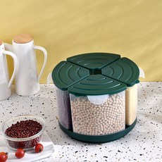 【 199出貨】傢用分類雜糧收納罐 多功能糧食儲物罐 豆子儲存廚房米桶 穀物密封罐, 1個, 旋轉4格（雜糧罐）墨綠色8斤