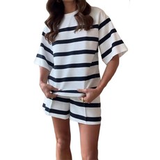 Qikaka 여성용 2피스 스트라이프 프린트 티셔츠 상의 바디콘 반바지 섹시 나이트 클럽 파티 트랙수트 의상 세트 화이트. L