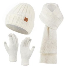 Trifabricy 여성용 겨울 모자 스카프 장갑 세트 플리스 안감이 있는 보온 비니 두꺼운 스카프 터치스크린 장갑 화이트. 단일 사이즈, 화이트