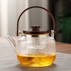 내열유리 차주전자 손잡이 일체형 찻주전자 티포트 홈카페 투명 유리포트 고온 내성 디자인, 1개, 1000ml, H_리프트 스트라이프 차 주전자+컵x4