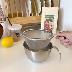 304不銹鋼料理盆 廚房瀝水籃 過濾盤 烘焙打蛋盆 刻度帶手柄 打蛋碗, 1個, 德國加厚304不銹鋼,14CM帶手柄濾網籃