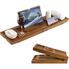 럭셔리 티크 욕조 트레이 - 접이식 캐디확장 가능한 손잡이 포함 와인잔 및 휴대폰 홀더 북 스탠드 천연 소재로 홈 스파 경험 강화 휴식 독서, 럭셔리 티크 욕조 트레이 - 접이식 캐디확장 가능한 손, 1개