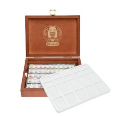 時代中西畫材 德國 Schmincke 史明克貓頭鷹分層水彩沉澱色水彩套組50色半塊木盒