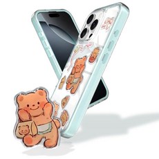 아이폰 16용 투명 Macâron 케이스 - 유연한 투명 뒷면이 있는 충격 방지 부드러운 TPU 범퍼 프레임 크리스탈 파스텔 디자인 Kawaii 한국 곰 에폭시 레진 스티, iPhone 16, 민트 블루 & 버터 베어