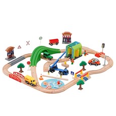 木製軌道車玩具套裝 65件組 兼容IKEA木質軌道 附洗車房與交通場景, 65PCS套組, 1個