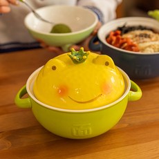 개구리 그릇 덮개 일본식 면기 고양이 라면 고양이 녹색 700ml, 1개, 개구리 라면 그릇 700ml 옐로우 1개
